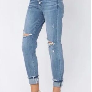 Judy Blue high-rise, button-fly, boyfriend-fit distressed medium wash 7/28